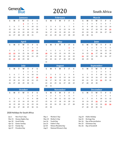 Free Printable Calendar In Pdf, Word And Excel - South Africa