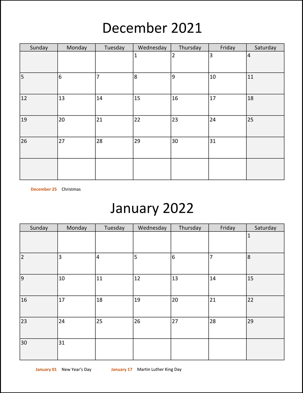 Free Printable December 2021 And January 2022 Calendar [Pdf]