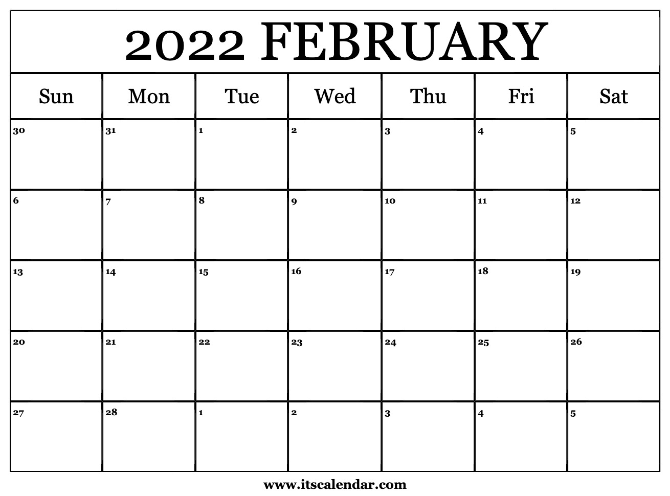 Free Printable February 2022 Calendar