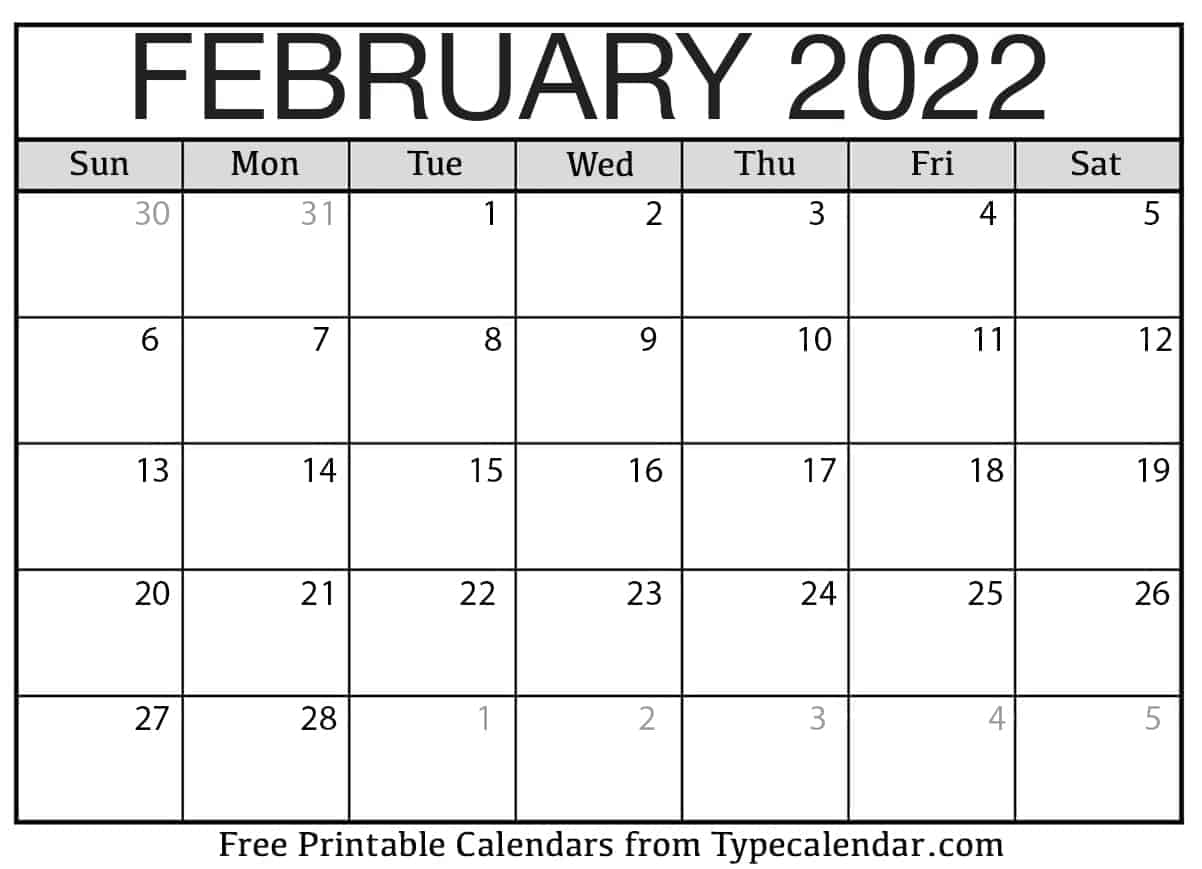 Free Printable February 2022 Calendar All On One Page