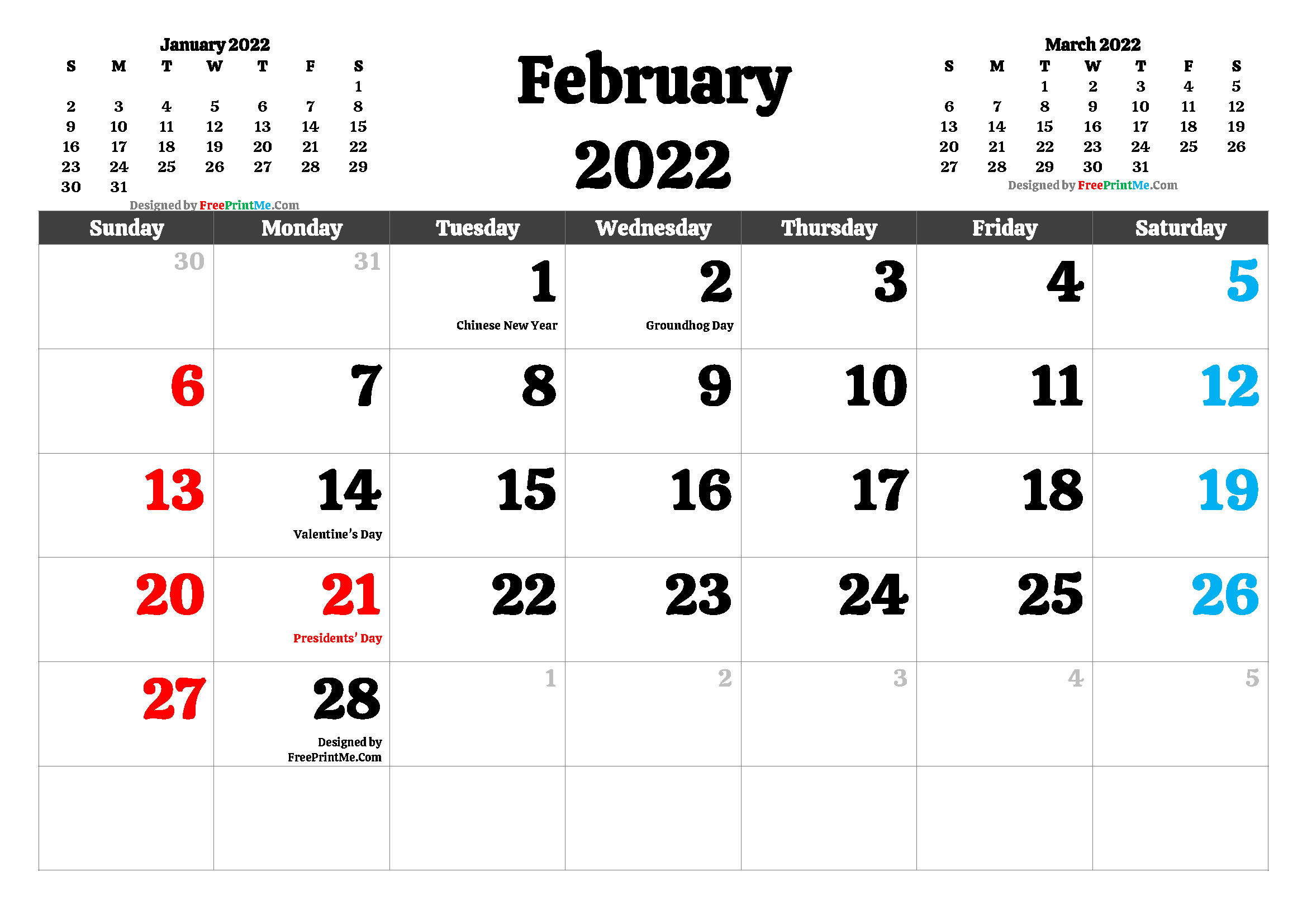 Free Printable February 2022 Calendar All On One Page