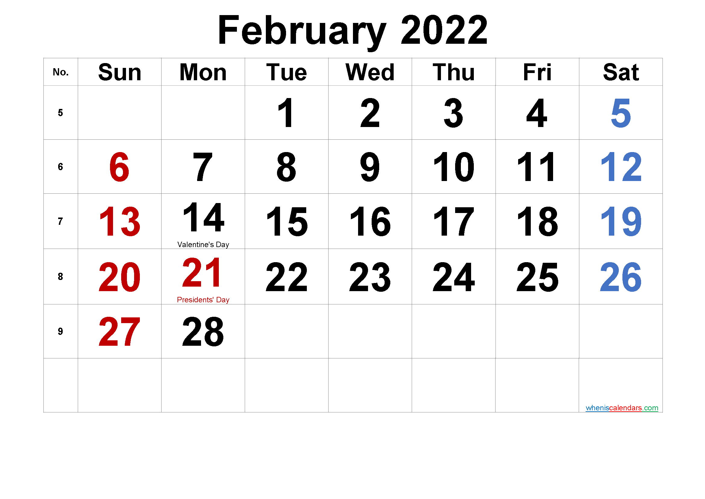 Free Printable February 2022 Calendar With Holidays