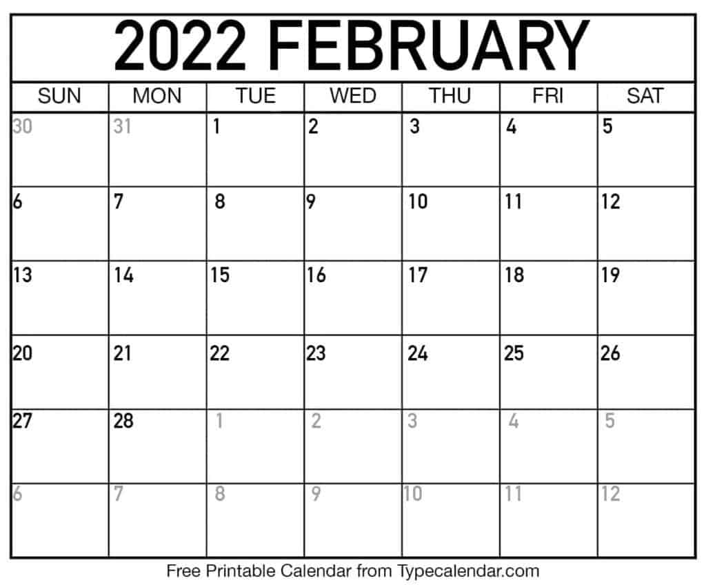 Free Printable February 2022 Calendars