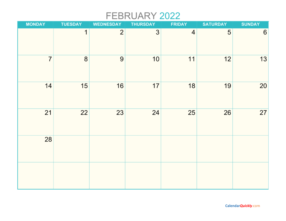 Free Printable February 2022 Monthly Calendar With Monday