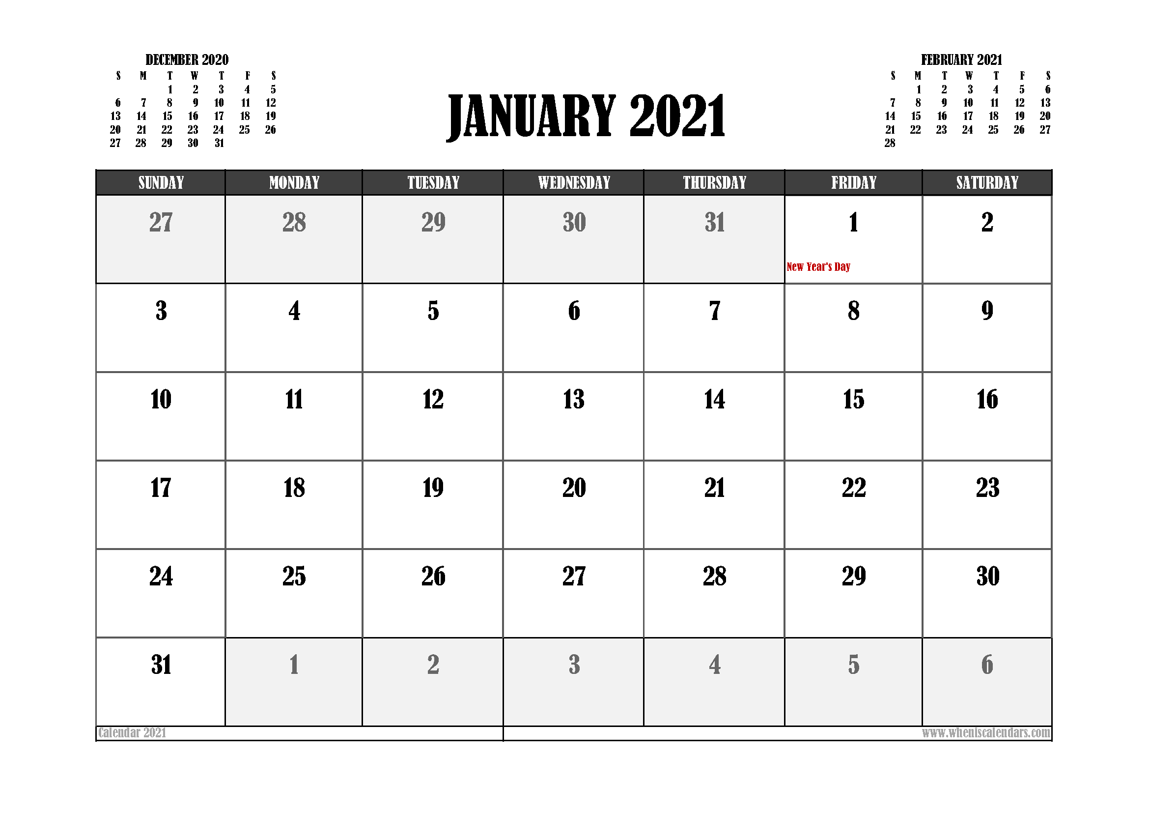 Free Printable January 2021 Calendar Canada