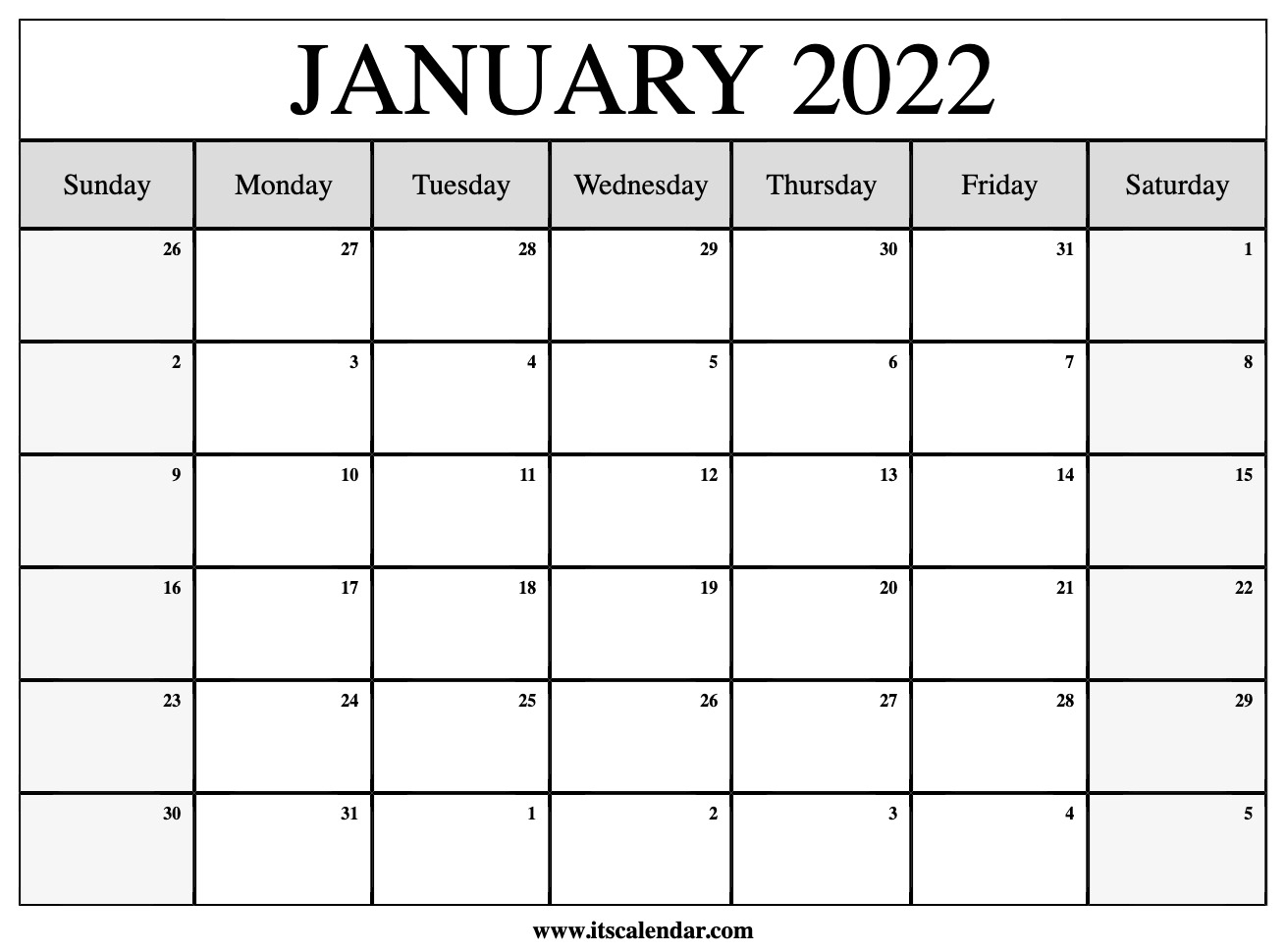 Free Printable January 2022 Calendar