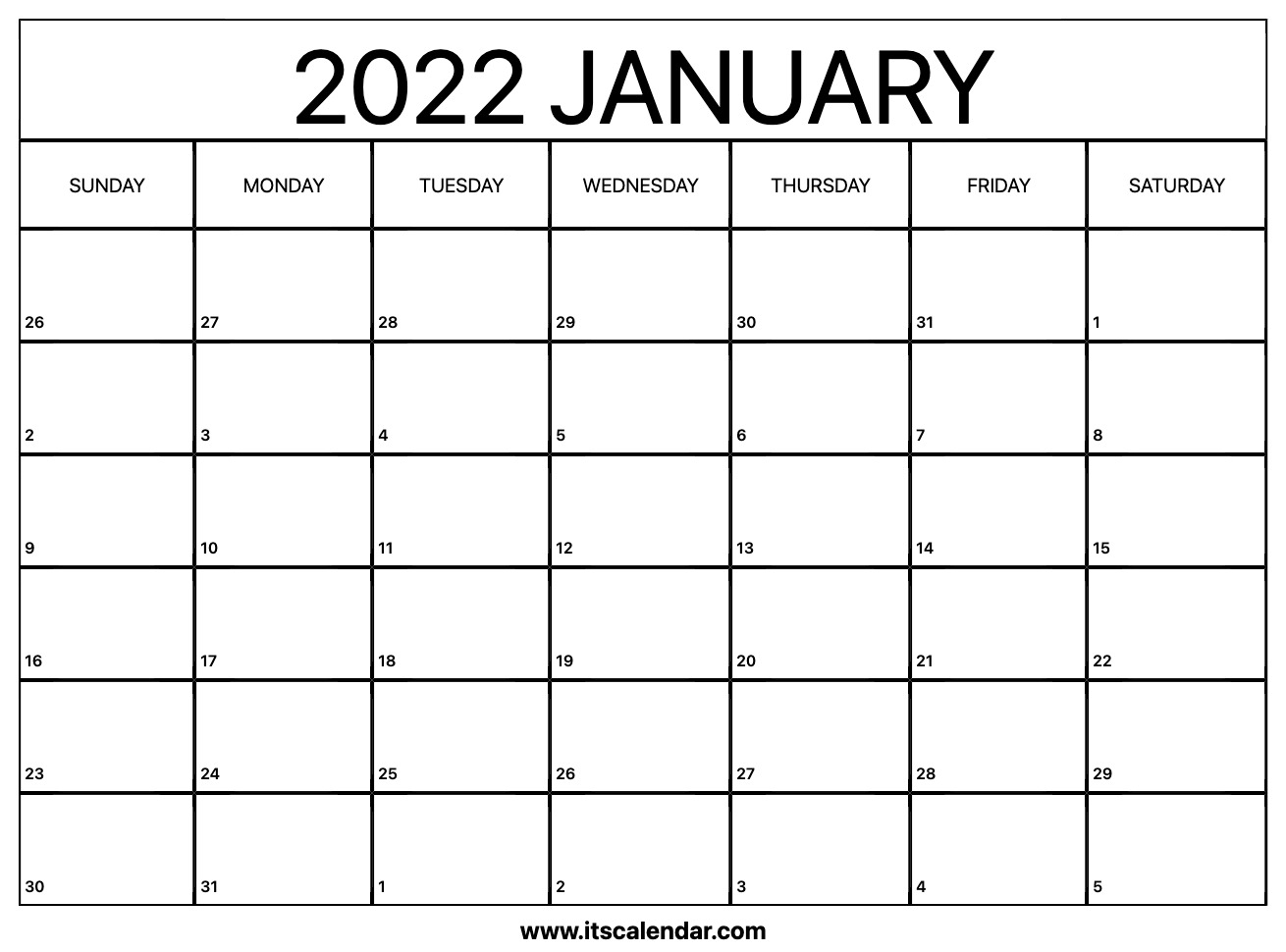 Free Printable January 2022 Calendar