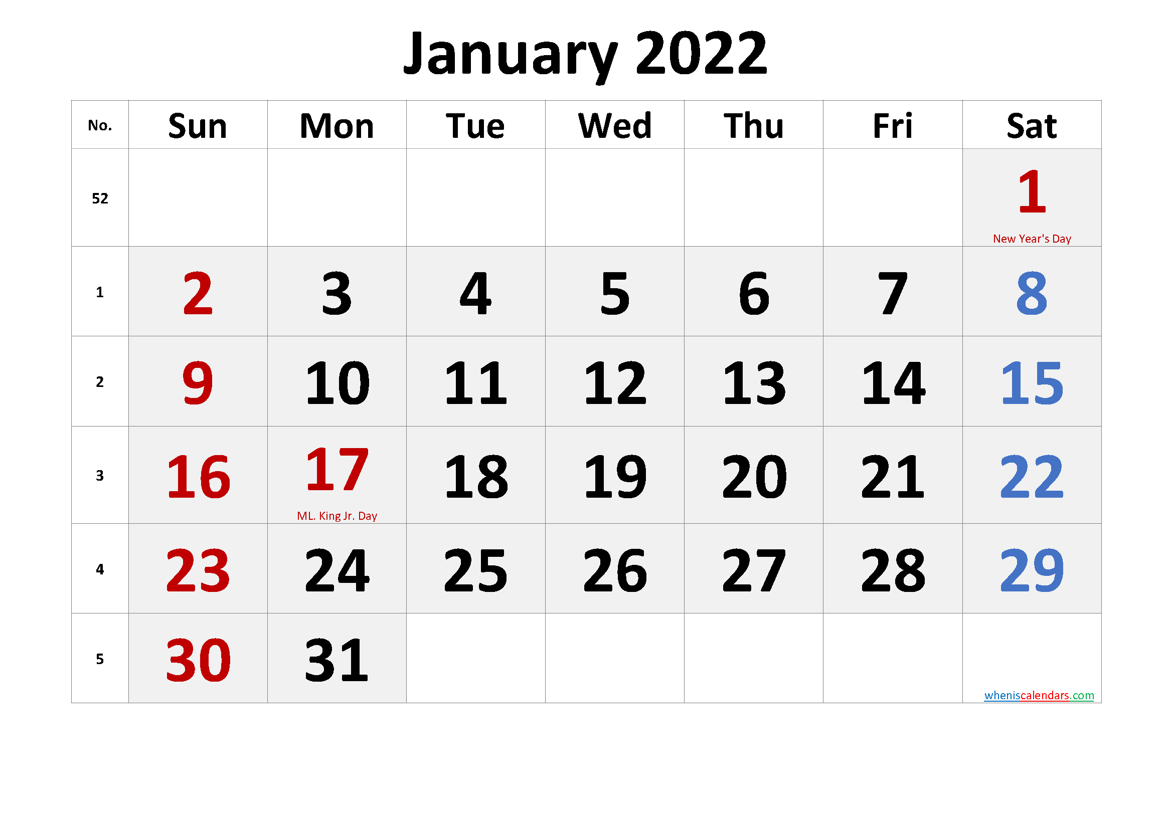 Free Printable January 2022 Calendar (Pdf And Png)