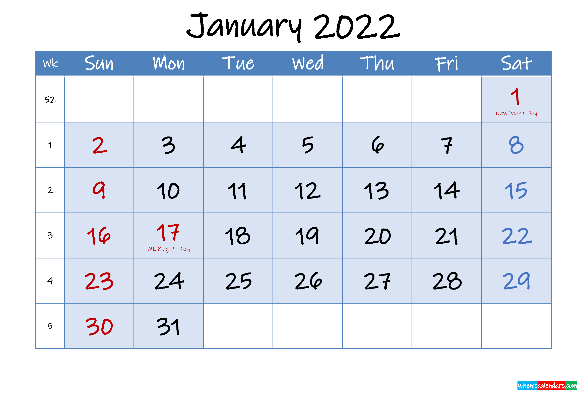 Free Printable January 2022 Calendar - Template Ink22M97