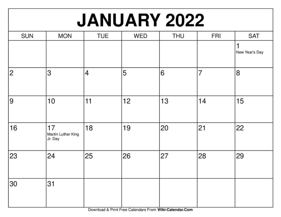 Free Printable January 2022 Calendar Wiki - 2023 Printable