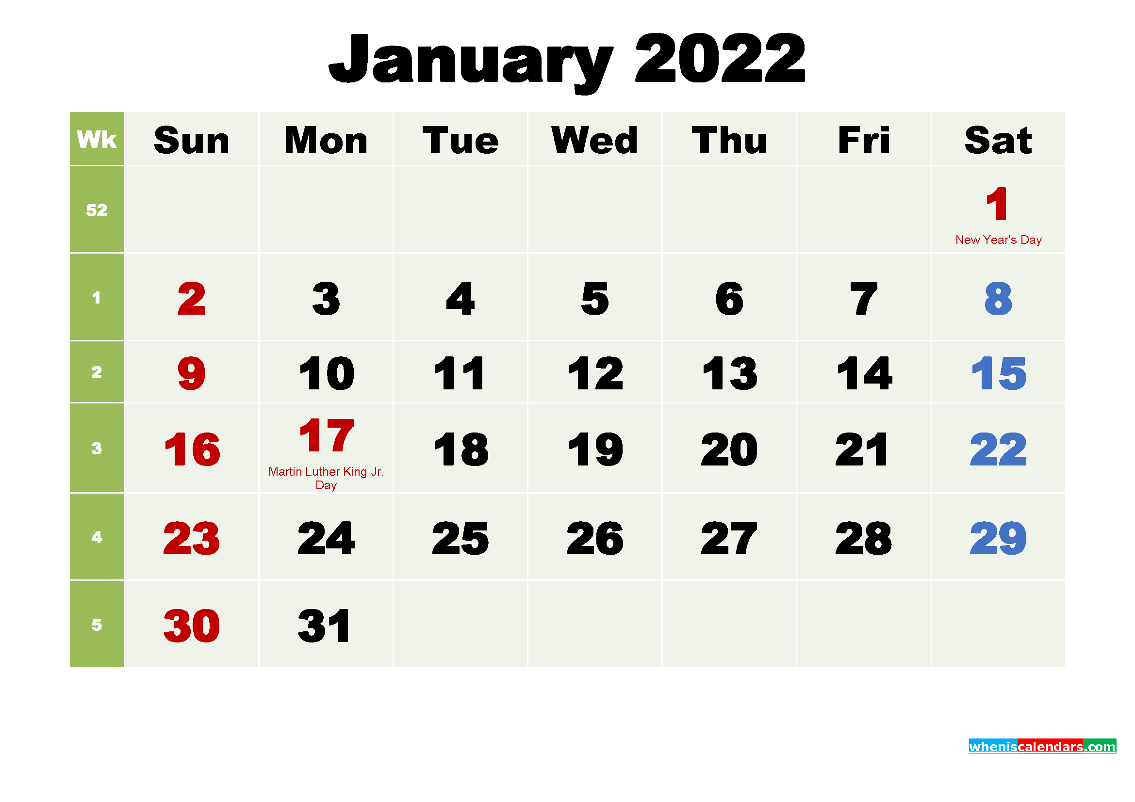 Free Printable January 2022 Calendar With Holidays - Free