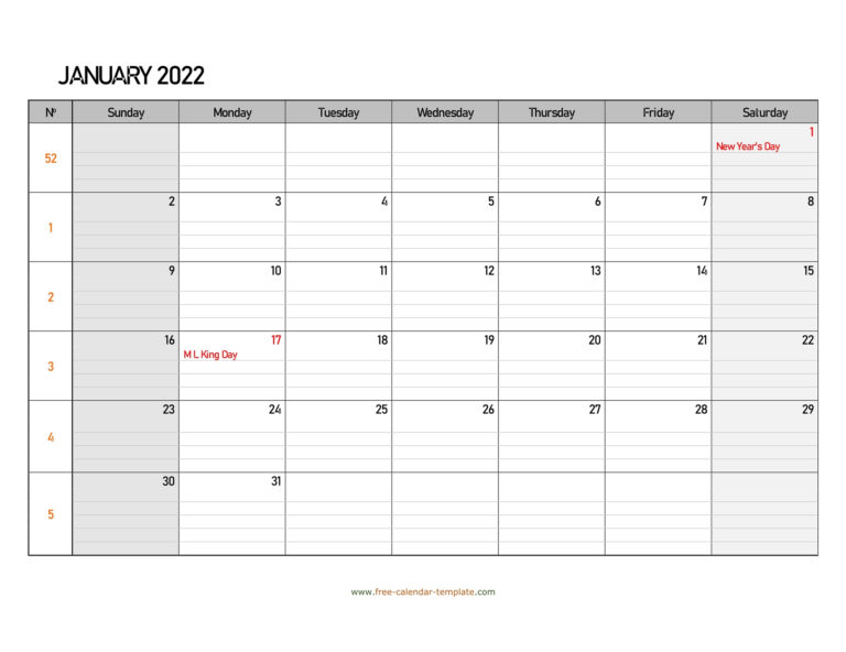 Free Printable January 2022 Calendar With Lines - 2023