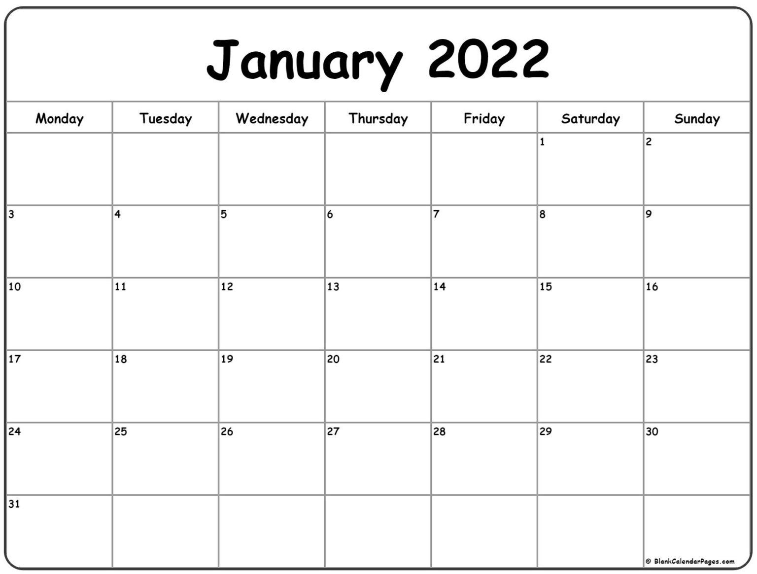 Free Printable January 2022 Monthly Calendar With Monday