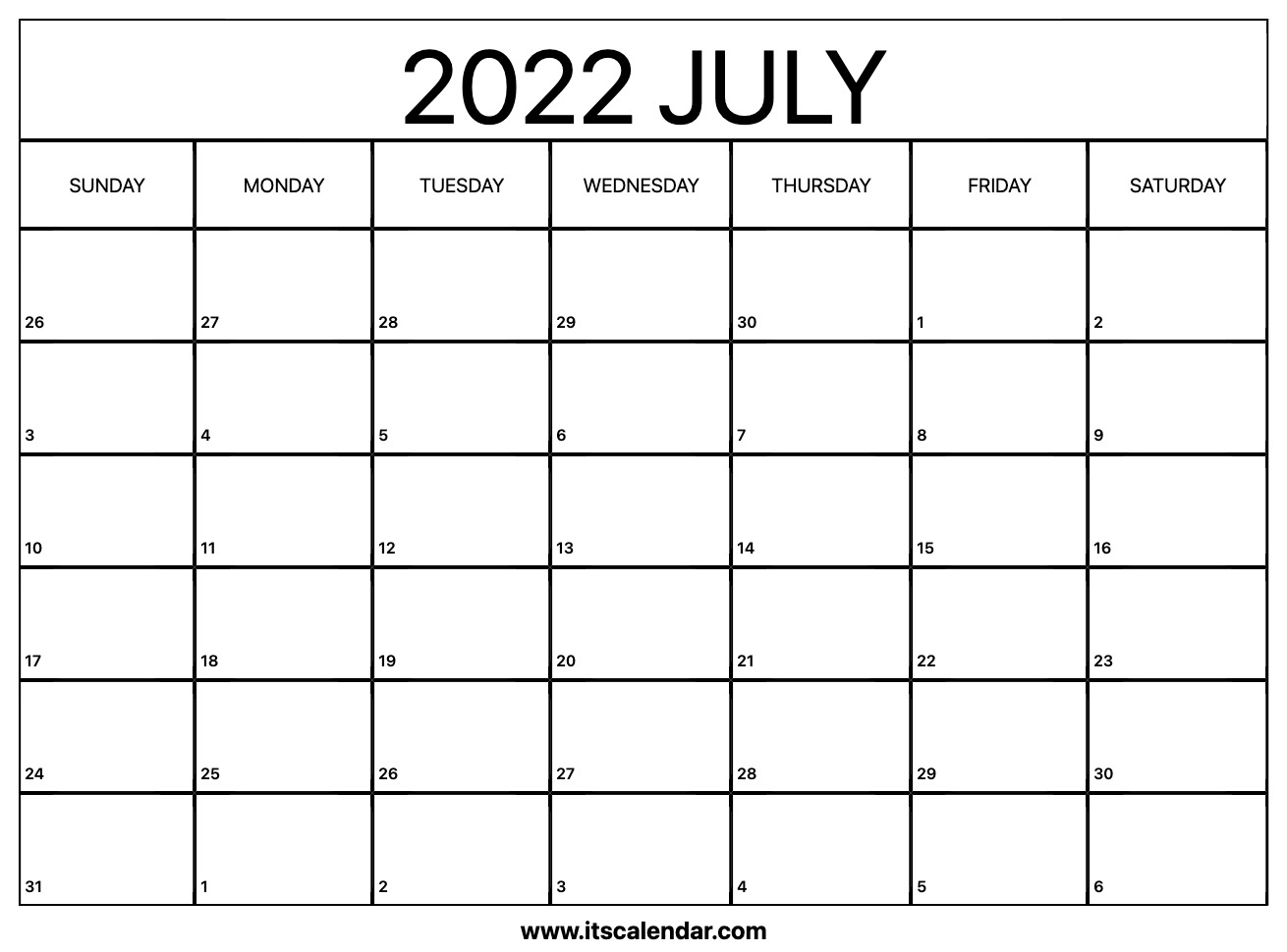 Free Printable July 2022 Calendar