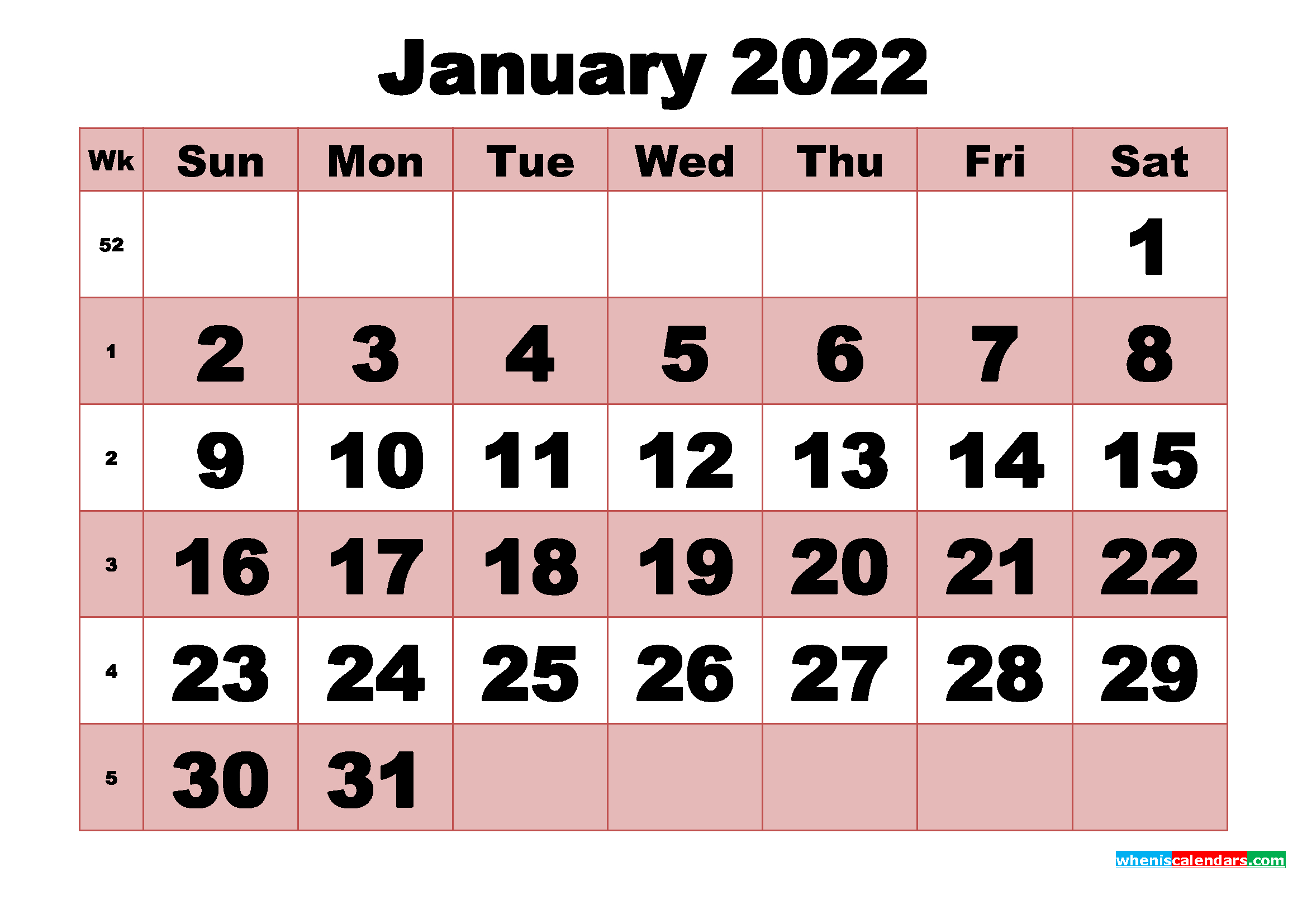 Free Printable Monthly Calendar January 2022