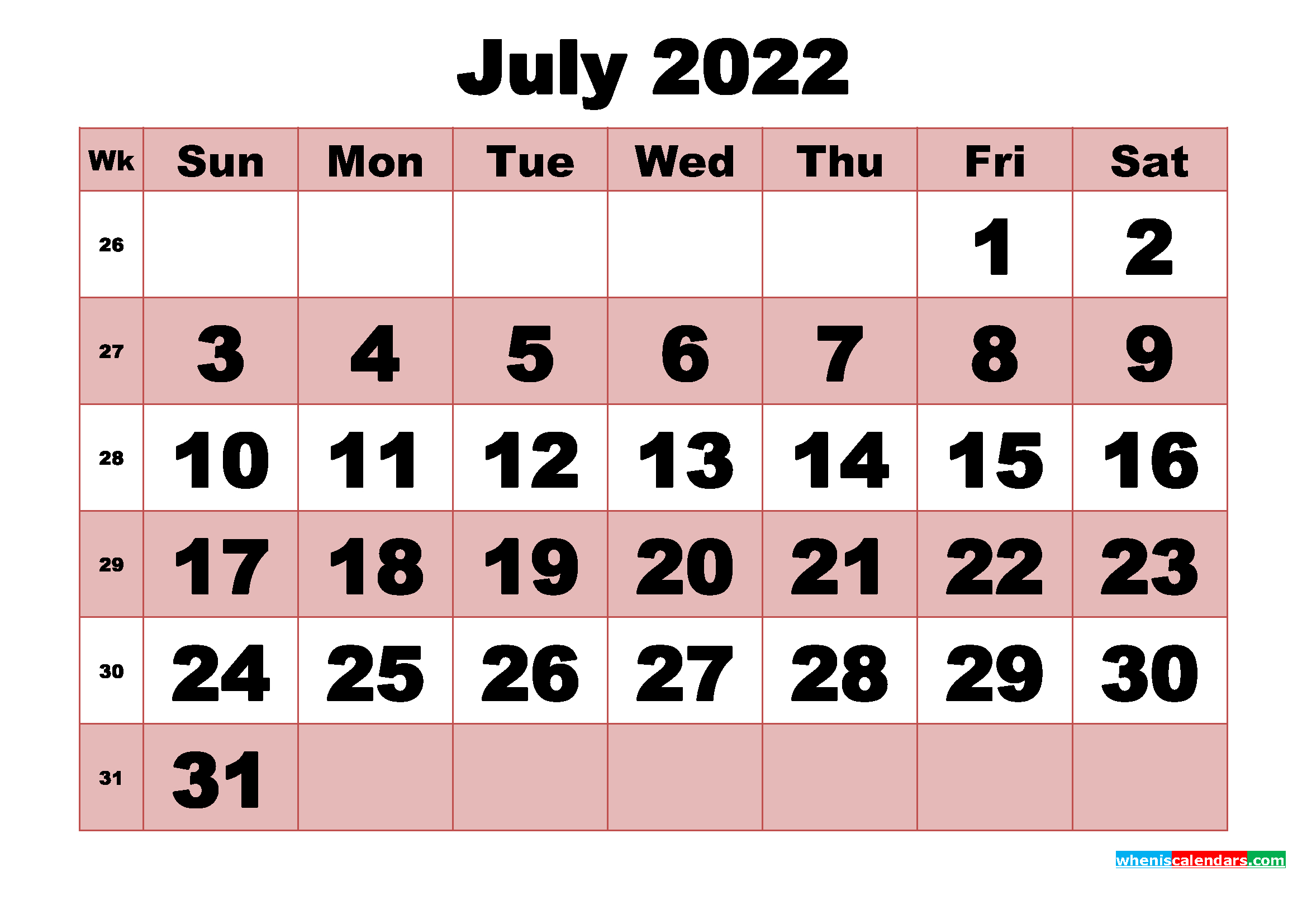 Free Printable Monthly Calendar July 2022