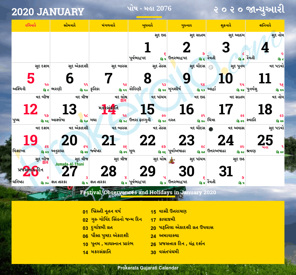 Gujarati Calendar January 2022 With Tithi