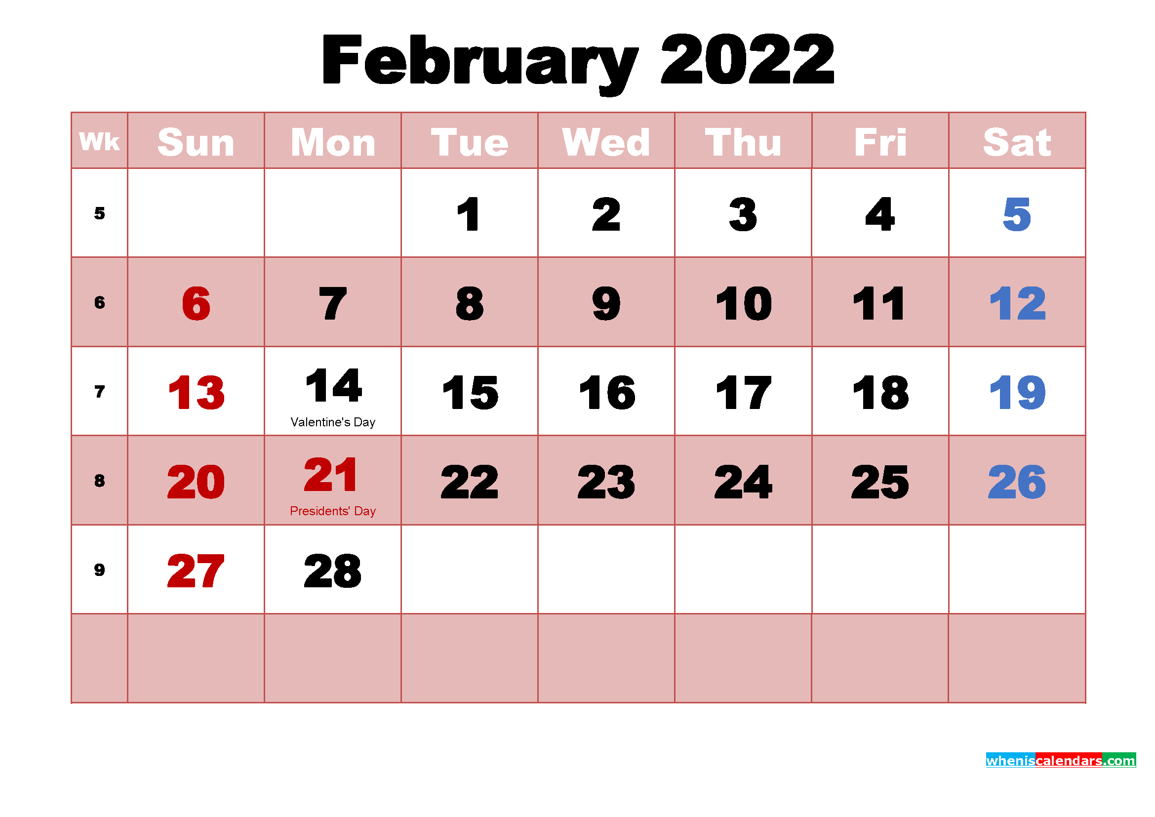 Holidays February 2022 Calendar - Janhbsf