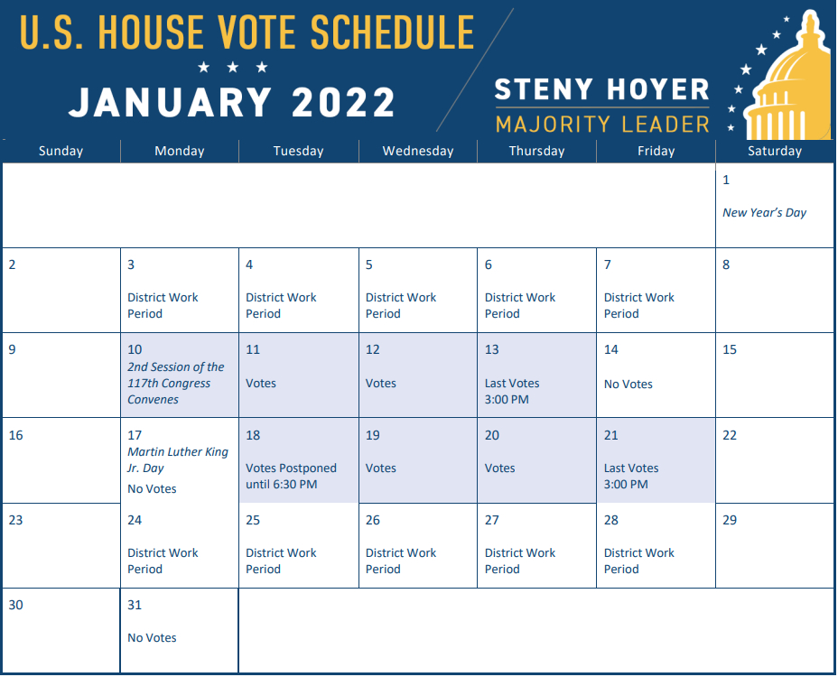 House Of Representatives Releases Legislative Calendar For