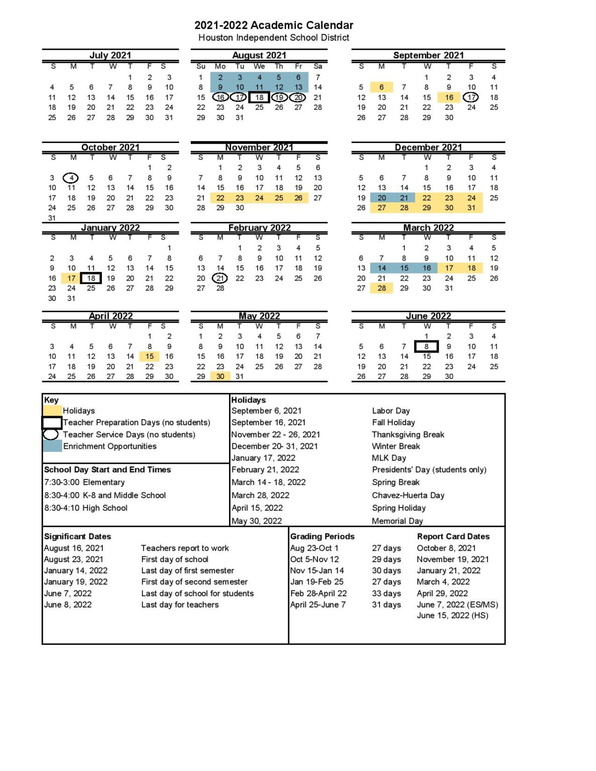 Houston Independent School District Calendar 2021-2022