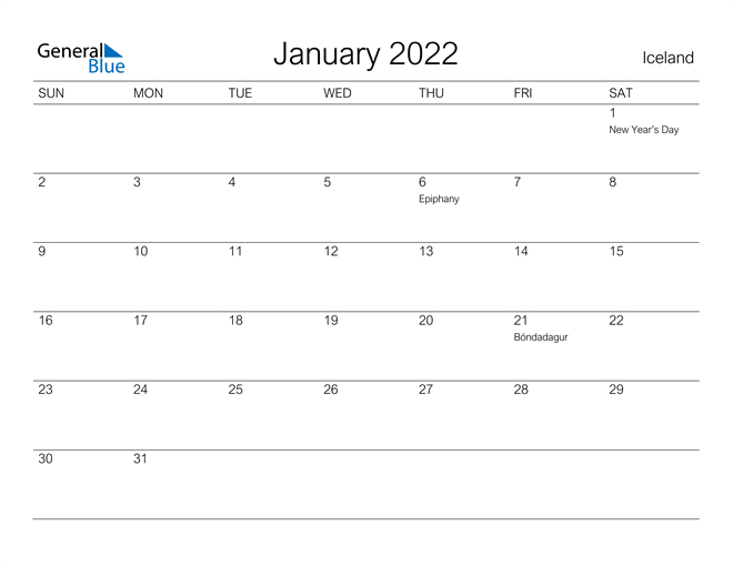 Iceland January 2022 Calendar With Holidays