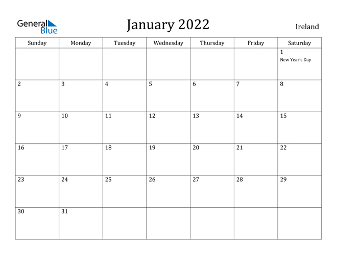 Ireland January 2022 Calendar With Holidays