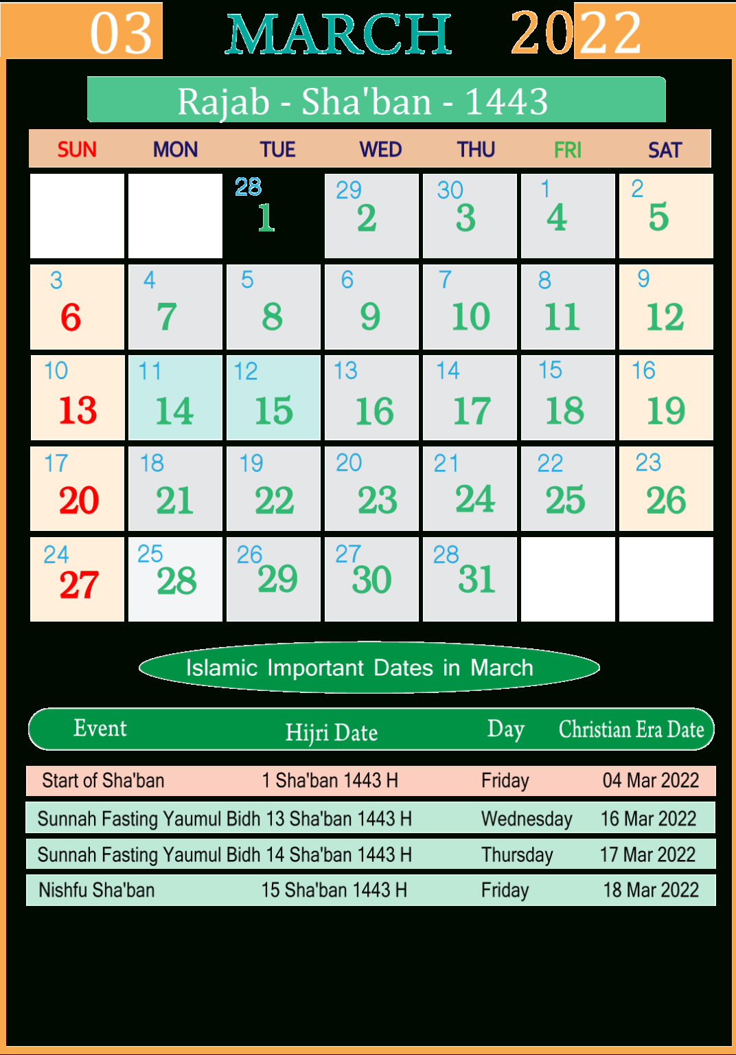 | Islamic Calendar 2022 March