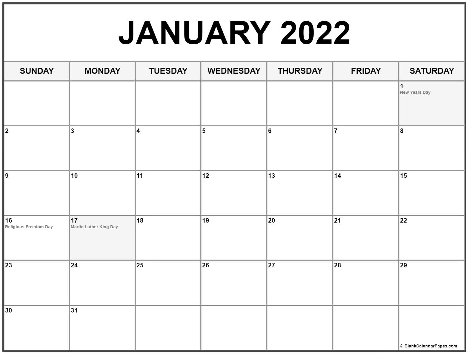 Jan 2022 Calendar With Holidays - Allcalendar
