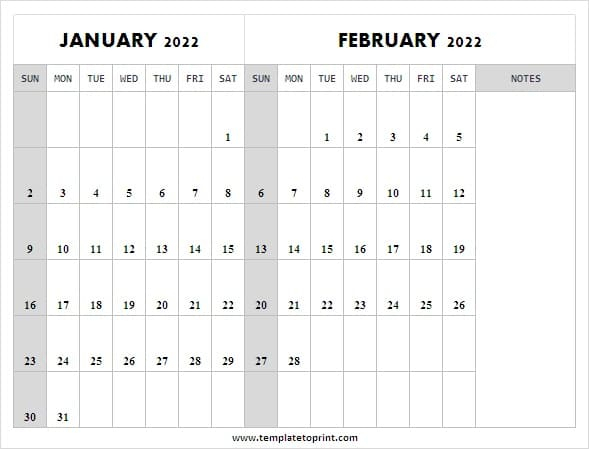 Jan And Feb 2022 Calendar - Free Printable 2022 Calendar