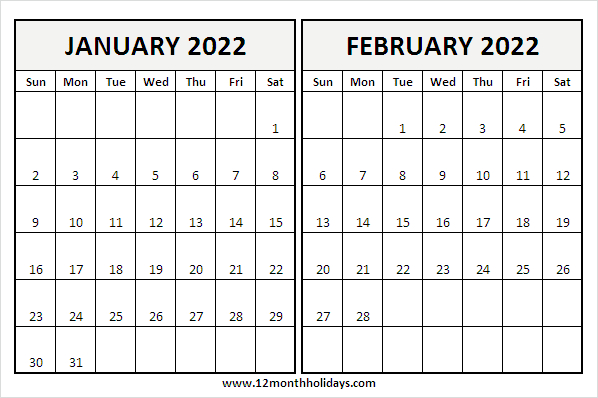 Jan Feb 2022 Printable Calendar Template - Blank 2022 Calendar