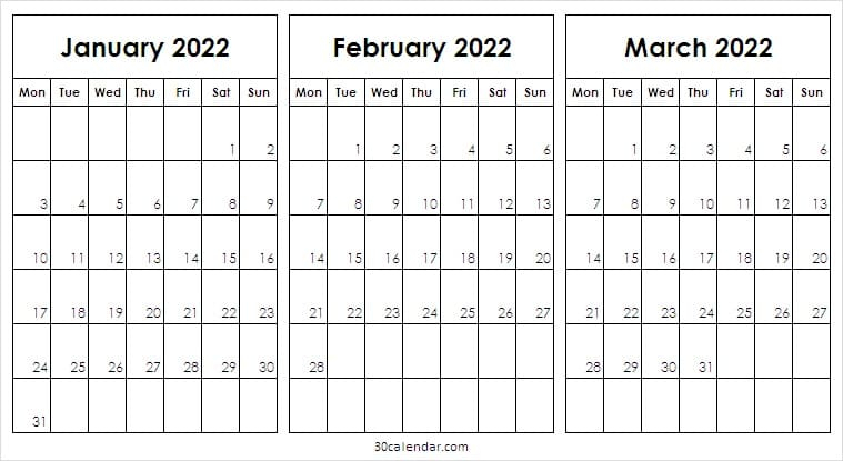 Jan Feb Mar 2022 Calendar | 2022 Calendar Editable