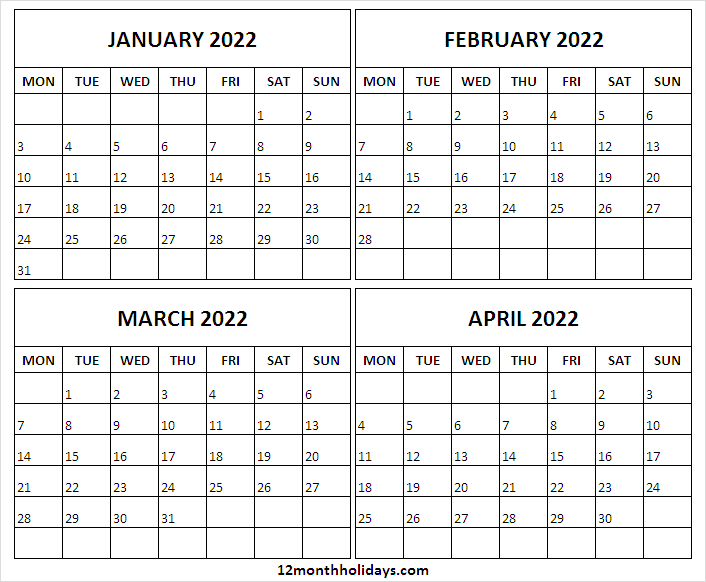 Jan To Apr 2022 Calendar Monday Start | 2022 Monthly Calendar