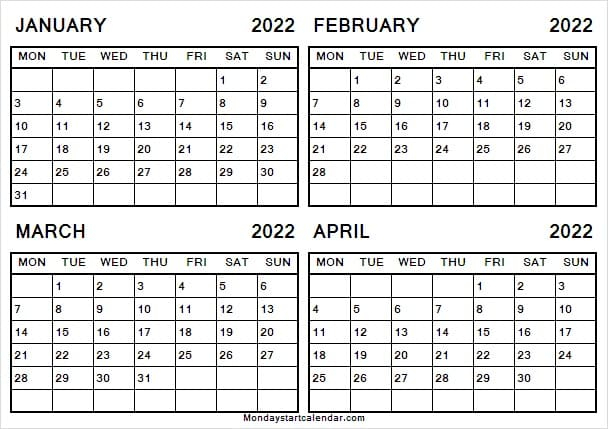 Jan To Apr 2022 Calendar With Notes - Calendar January