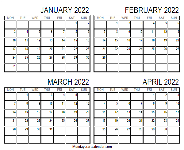 Jan To Apr 2022 Calendar With Notes - Calendar January