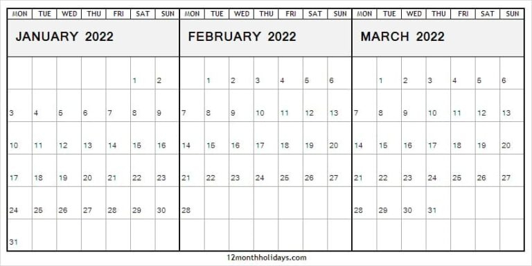 Jan To Mar 2022 Calendar Monday Start | Free Editable 2022