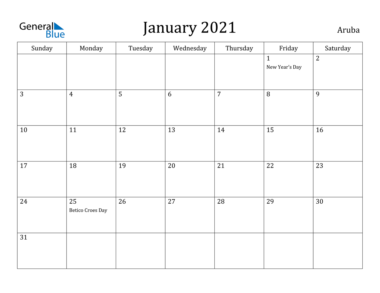 January 2021 Calendar - Aruba