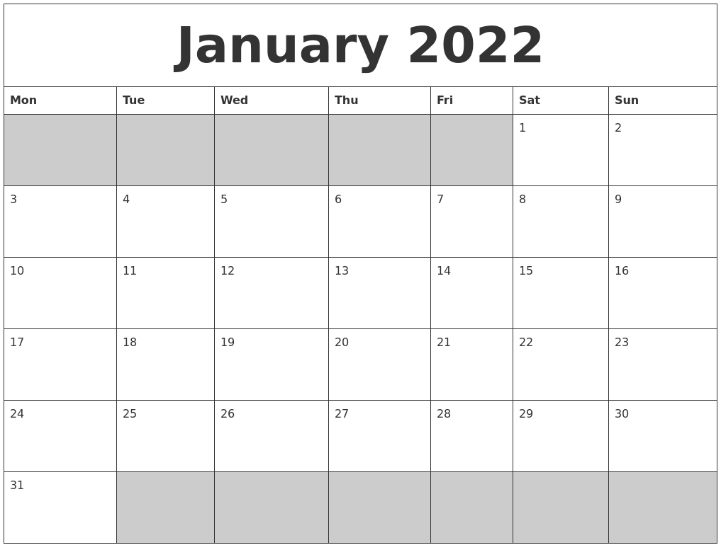 January 2022 Blank Printable Calendar