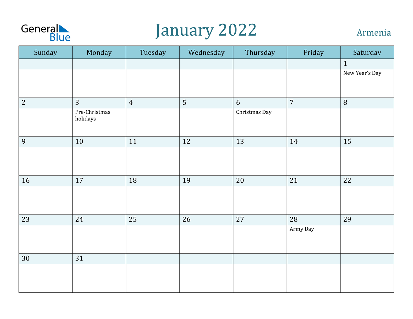 January 2022 Calendar - Armenia