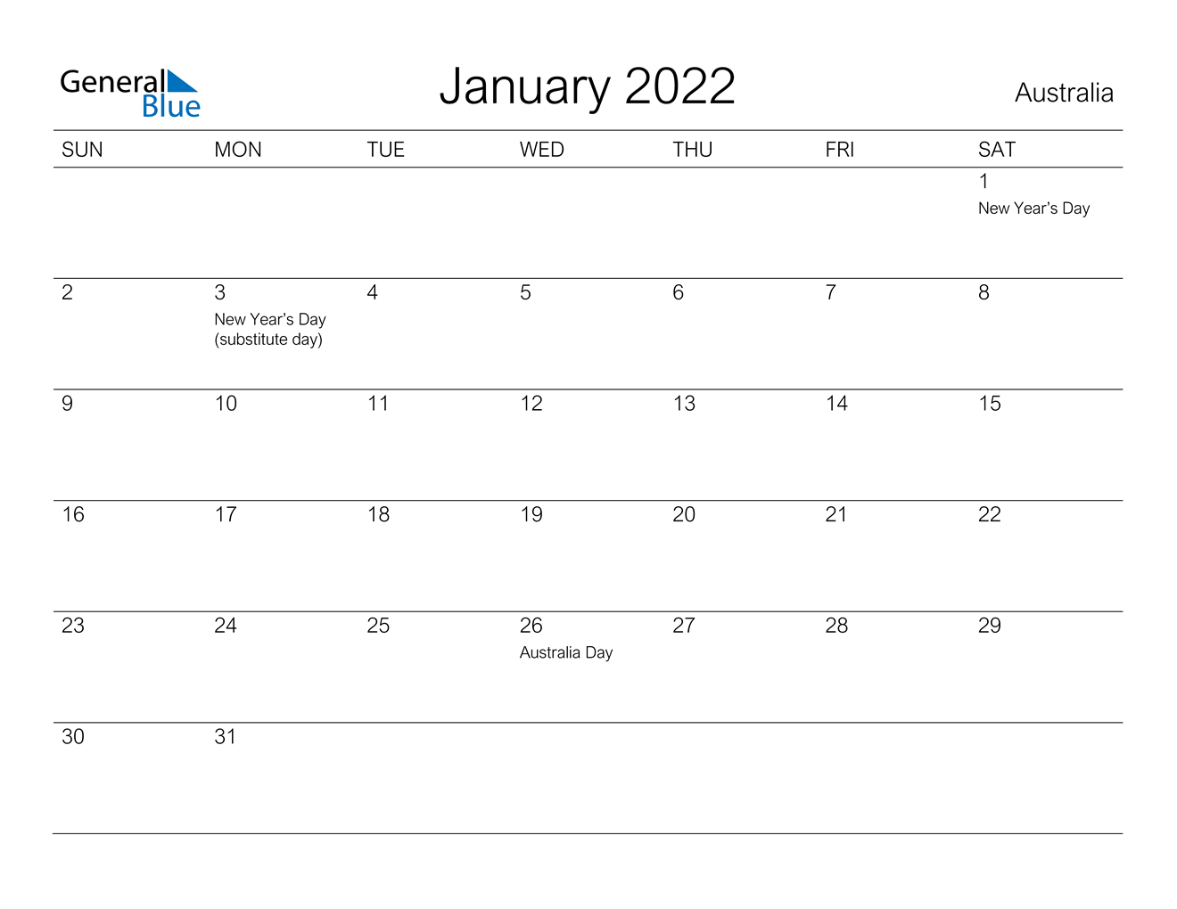 January 2022 Calendar - Australia