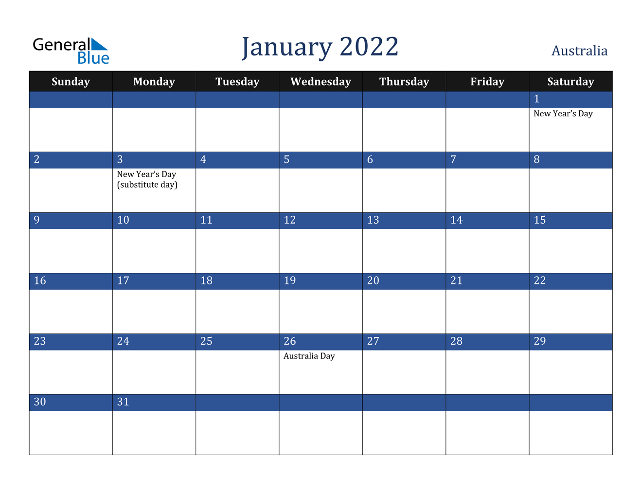 January 2022 Calendar - Australia