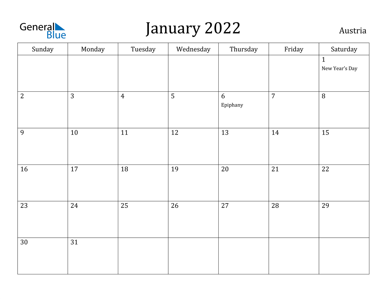 January 2022 Calendar - Austria