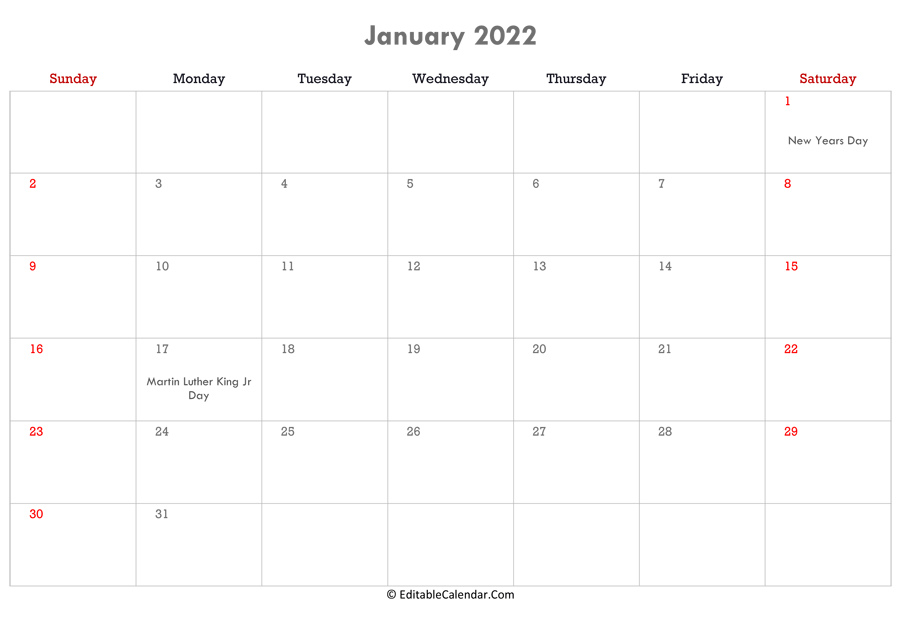 January 2022 Calendar Editable - Printable Calendar 2022
