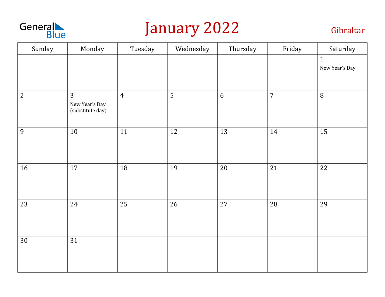 January 2022 Calendar - Gibraltar