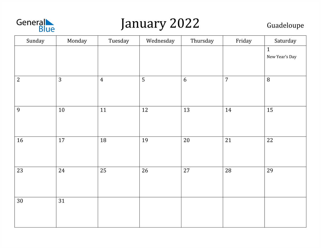 January 2022 Calendar - Guadeloupe