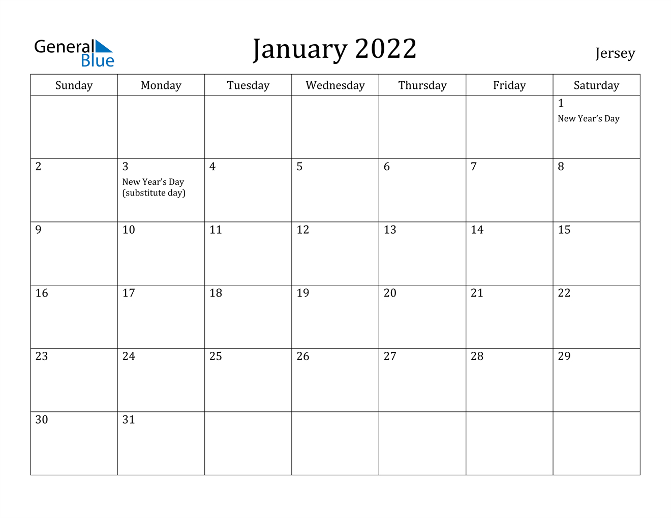 January 2022 Calendar - Jersey