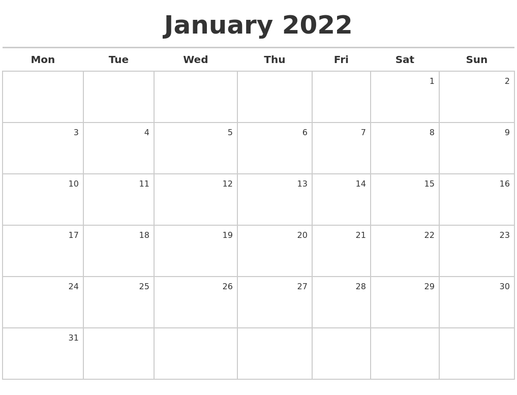 January 2022 Calendar Maker