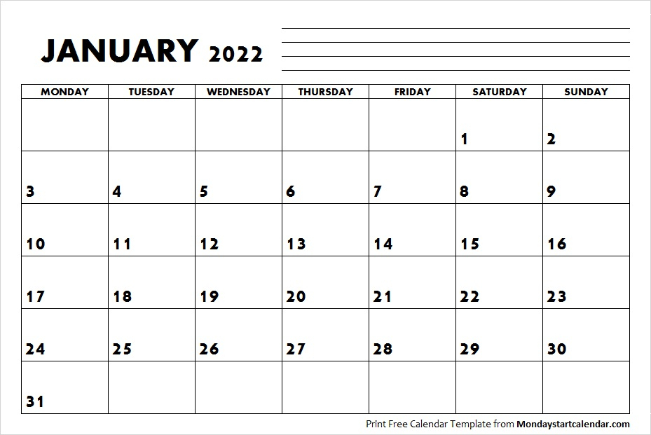 January 2022 Calendar Monday Start | January Month Template