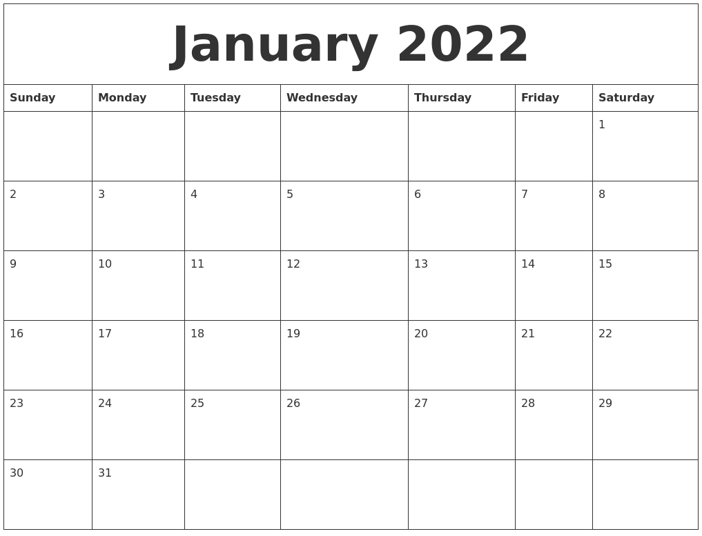 January 2022 Calendar Monthly