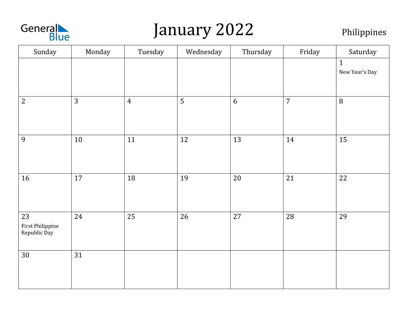 January 2022 Calendar - Philippines