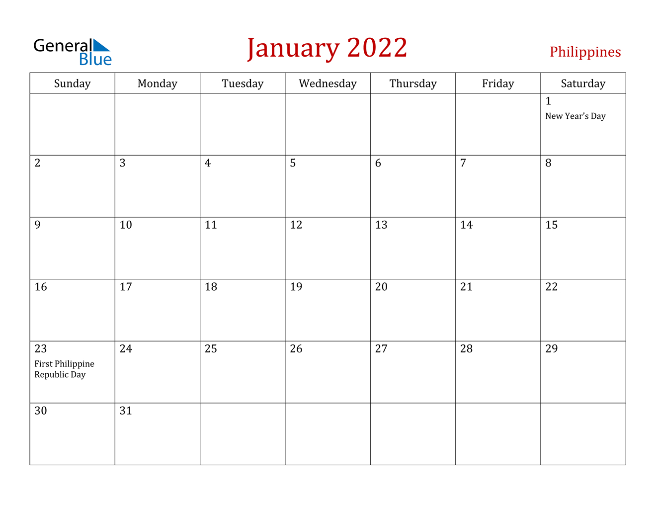 January 2022 Calendar - Philippines